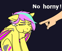 Size: 1223x1005 | Tagged: safe, artist:/d/non, oc, oc only, oc:anon, oc:star shower, bat pony, pony, succubus, succubus pony, black background, chest fluff, hand, horns, narrowed eyes, offscreen character, pet shaming, pointing, puffy cheeks, shame, simple background, solo focus, succubus oc