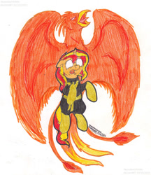 Size: 1191x1380 | Tagged: safe, artist:artistnjc, sunset shimmer, phoenix, pony, unicorn, g4, clothes, costume, crossover, dark phoenix, fearful, floating, glowing eyes, simple background, solo, the phoenix force, x-men
