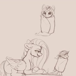 Size: 3500x3500 | Tagged: safe, artist:miokomata, fluttershy, oc, oc:dazzling talents, alicorn, pegasus, pony, g4, bipedal, burrito, drool, female, food, freckles, freckleshy, high res, imminent vore, mare, micro, monochrome, ponies in food, run away, salivating, simple background, white background