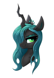 Size: 488x705 | Tagged: safe, artist:confetticakez, queen chrysalis, changeling, changeling queen, g4, bust, colored pupils, crown, female, hair over one eye, jewelry, portrait, regalia, simple background, solo, white background