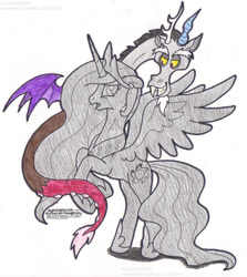 Size: 1101x1235 | Tagged: safe, artist:artistnjc, part of a set, discord, princess celestia, alicorn, draconequus, pony, g4, bad end, evil smile, grin, open mouth, petrification, rearing, smiling, statue, transformation, turned to stone