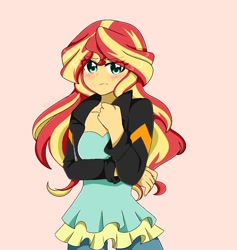 Size: 1125x1187 | Tagged: safe, artist:kittyrosie, sunset shimmer, equestria girls, g4, anime, blushing, cute, female, looking at you, pink background, shimmerbetes, simple background, solo