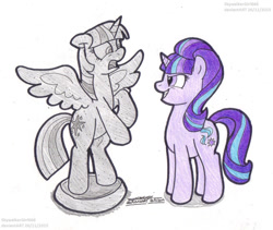 Size: 1121x947 | Tagged: safe, artist:artistnjc, part of a set, starlight glimmer, twilight sparkle, alicorn, pony, unicorn, g4, the cutie re-mark, abuse, bad end, bipedal, egalitarianism, evil smile, evil starlight, female, grin, mare, petrification, rearing, s5 starlight, simple background, smiling, spread wings, this will end in communism, transformation, trapped, turned to stone, twilight sparkle (alicorn), twilybuse, white background, wings