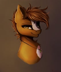 Size: 2001x2349 | Tagged: safe, artist:miokomata, oc, oc only, earth pony, pony, blaze (coat marking), bust, coat markings, facial markings, gradient background, high res, jewelry, lidded eyes, necklace, solo