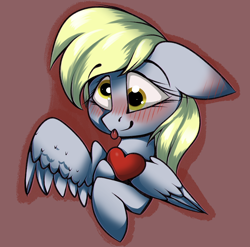 Size: 1706x1687 | Tagged: safe, artist:luxsimx, derpy hooves, pegasus, pony, g4, blushing, cute, derpabetes, ear blush, female, floppy ears, smiling, solo, tongue out