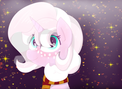 Size: 3536x2576 | Tagged: safe, artist:marshmallowfluff, oc, oc only, oc:marshmallow fluff, pony, unicorn, clothes, freckles, heart, high res, scarf