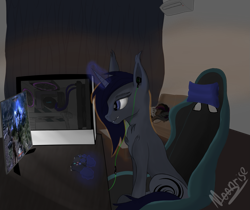 Size: 1625x1367 | Tagged: safe, artist:marimora, oc, oc only, oc:taylor gans, oc:tenebris rokepin, bat pony, pony, unicorn, bat pony oc, bat wings, chair, computer, controller, couple, earbuds, female, game, gamer, male, wings