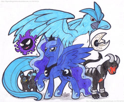 Size: 1445x1191 | Tagged: safe, artist:artistnjc, princess luna, alicorn, articuno, gastly, houndoom, lunatone, pony, umbreon, g4, crossover, determined look, pokémon, raised hoof, spread wings, team, wings