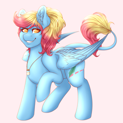 Size: 4000x4000 | Tagged: safe, artist:dewdropinn, oc, oc only, oc:merrifeather, pegasus, pony, ear fluff, leonine tail, looking at you, one leg raised, pegasus oc, sand, simple background, smiling, solo, three quarter view, two toned mane, two toned tail, two toned wings, vial, wings
