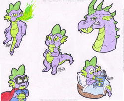 Size: 1483x1207 | Tagged: safe, artist:artistnjc, spike, dragon, g4, adult, adult spike, comic book, cute, fire breath, humdrum costume, older, older spike, power ponies, reading, simple background, smiling, solo, spikabetes, spikezilla
