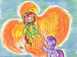 Size: 1571x1169 | Tagged: safe, artist:artistnjc, sunset shimmer, twilight sparkle, alicorn, phoenix, pony, unicorn, g4, crossover, crying, fiery shimmer, fire, flying away, jean grey, reaching, spread wings, tears of pain, tears of sadness, the phoenix force, twilight sparkle (alicorn), wings, x-men