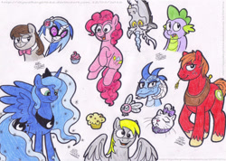 Size: 1739x1235 | Tagged: safe, artist:artistnjc, big macintosh, derpy hooves, discord, dj pon-3, octavia melody, opalescence, pinkie pie, princess ember, princess luna, spike, vinyl scratch, alicorn, cat, draconequus, dragon, earth pony, parasprite, pegasus, pony, unicorn, g4, dragoness, eyes closed, female, food, grin, male, mare, muffin, open mouth, smiling, stallion, straw in mouth, traditional art