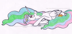 Size: 1571x759 | Tagged: safe, artist:artistnjc, princess celestia, spike, alicorn, dragon, pony, g4, baby, baby spike, cute, hatchling, lying down, momlestia, playing, prone, smiling, younger