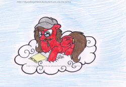 Size: 1233x853 | Tagged: safe, artist:artistnjc, oc, oc only, oc:jayfeather, pegasus, pony, cloud, glasses, hat, hoof on chin, lying down, lying on a cloud, mouth hold, on a cloud, paper, pencil, simple background, solo, thinking