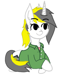Size: 1810x2036 | Tagged: safe, artist:antique1899, oc, oc only, oc:yellowglaze, pony, unicorn, 2021 community collab, derpibooru community collaboration, chest fluff, clothes, crossed hooves, digital art, ear fluff, eyelashes, lying down, shirt, simple background, smiling, solo, transparent background