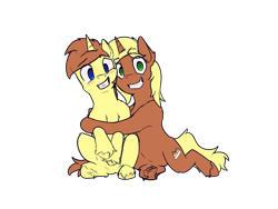 Size: 4000x3000 | Tagged: safe, artist:toanderic, oc, oc only, oc:cream pie, oc:sugar pie, pony, unicorn, 2021 community collab, derpibooru community collaboration, blushing, grin, high res, hug, hugging a pony, male, nervous, nervous smile, siblings, simple background, sitting, smiling, stallion, transparent background