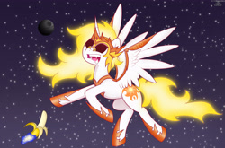 Size: 5300x3500 | Tagged: safe, artist:marusya, daybreaker, alicorn, pony, g4, banana, death star, food, magic, solo, space, stars, wings