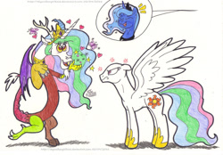 Size: 1733x1206 | Tagged: safe, artist:artistnjc, discord, princess celestia, princess luna, alicorn, butterfly, draconequus, pony, g4, angry, bald, celestia is not amused, cross-popping veins, discord's celestia face, eyes closed, female, happy, heart, laughing, mare, offscreen character, simple background, spread wings, stars, unamused, wings