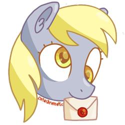 Size: 1200x1200 | Tagged: safe, artist:catachromatic, derpibooru exclusive, derpy hooves, pegasus, pony, g4, cute, digital art, female, head only, heart eyes, letter, mare, mouth hold, signature, simple background, smiling, solo, transparent background, wax seal, wingding eyes