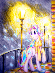 Size: 1920x2560 | Tagged: safe, artist:stardust0130, starlight glimmer, pony, unicorn, g4, beautiful, clothes, lamppost, lantern, night, scarf, snow, solo, traditional art, winter