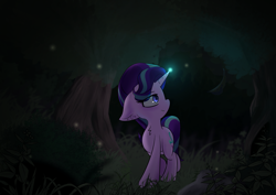 Size: 4093x2894 | Tagged: safe, artist:iceflare0714, starlight glimmer, pony, unicorn, g4, forest, glowing horn, high res, horn, light spell, magic, night, solo