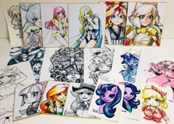 Size: 2048x1464 | Tagged: safe, artist:babtyu, applejack, starlight glimmer, sunset shimmer, trixie, human, pony, unicorn, equestria girls, g4, female, traditional art