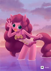 Size: 1000x1407 | Tagged: safe, artist:howxu, pinkie pie, earth pony, anthro, g4, beach shorts swimsuit, clothes, cute, diapinkes, equestria girls outfit, female, looking at you, one-piece swimsuit, open mouth, peace sign, pony ears, smiling, solo, standing in water, swimsuit