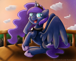 Size: 1722x1388 | Tagged: safe, artist:nanazdina, princess luna, alicorn, pony, g4, canterlot, cloud, cute, cutie mark, happy, heart eyes, ibispaint x, lunabetes, sisters, sitting, solo, wingding eyes