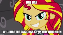 Size: 888x499 | Tagged: safe, edit, edited screencap, screencap, sunset shimmer, equestria girls, g4, my little pony equestria girls, caption, evil smile, female, grin, image macro, imgflip, smiling, solo, text