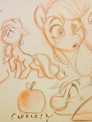 Size: 1546x2048 | Tagged: safe, artist:imalou, applejack, big macintosh, earth pony, pony, g4, apple, female, food, freckles, male, simple background, sketch, smiling, surprised, that pony sure does love apples, traditional art