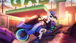 Size: 2500x1406 | Tagged: safe, artist:redchetgreen, oc, oc only, oc:shifting gear, pony, unicorn, clothes, cyberpunk, gas station, hoof shoes, looking at you, male, motorcycle, solo, stallion, vehicle