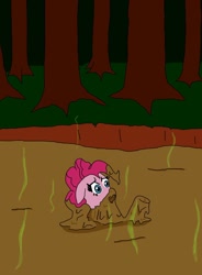 Size: 1024x1392 | Tagged: safe, artist:doctormechapyro, pinkie pie, earth pony, pony, g4, bog, forest, messy, mud, quicksand, solo, stink lines, tree