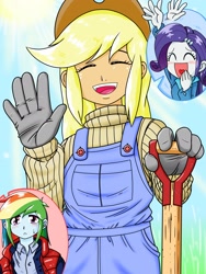 Size: 1668x2224 | Tagged: safe, artist:batipin, applejack, rainbow dash, rarity, equestria girls, g4, blushing, clothes, eyes closed, female, gloves, inset, open mouth, overalls, shovel, smiling, sweat, sweatdrop, waving
