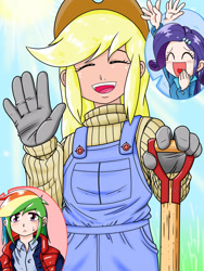 Size: 1668x2224 | Tagged: safe, artist:batipin, color edit, edit, editor:michaelsety, applejack, rainbow dash, rarity, equestria girls, g4, blushing, clothes, eyes closed, female, gloves, human coloration, inset, light skin edit, open mouth, overalls, shovel, skin color edit, smiling, sweat, sweatdrop, waving