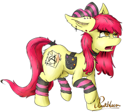 Size: 1280x1157 | Tagged: artist needed, safe, apple bloom, earth pony, pony, g4, anarchy, bow, cutiemarking, female, leg warmers, older, older apple bloom, punk, punk bloom, simple background, solo, transparent background