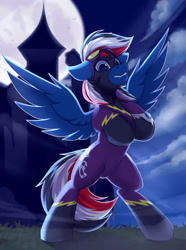 Size: 1750x2350 | Tagged: safe, artist:shadowreindeer, oc, oc only, oc:cobalt_de, pegasus, pony, bipedal, clothes, commission, costume, goggles, moon, night, rearing, shadowbolts, shadowbolts costume, solo, spread wings, wings, ych result