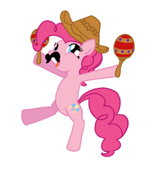 Size: 900x1012 | Tagged: dead source, safe, artist:nikkydash, pinkie pie, earth pony, pony, g4, bipedal, facial hair, fake moustache, fiesta, maracas, moustache, musical instrument, simple background, solo, sombrero, standing, standing on one leg, transparent background, vector
