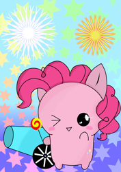 Size: 1000x1414 | Tagged: artist needed, source needed, safe, pinkie pie, earth pony, pony, g4, blushing, candy, chibi, cute, diapinkes, food, lollipop, one eye closed, open mouth, party cannon, solo, wink