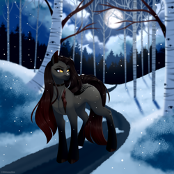 Size: 3000x3000 | Tagged: safe, artist:ohhoneybee, oc, oc only, oc:vera, earth pony, pony, beautiful, female, forest, high res, mare, moon, night, snow, snowfall, solo, tree
