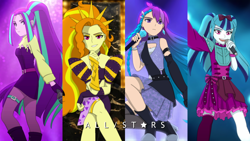 Size: 2000x1125 | Tagged: safe, artist:fantasygerard2000, adagio dazzle, aria blaze, sonata dusk, oc, oc:magus eveningstar, equestria girls, g4, alternate hairstyle, belt, boots, bow, braid, clothes, cropped, disguise, disguised siren, dress, fingerless gloves, gloves, hair accessory, jewelry, long socks, microphone, outfit, pigtails, ponytail, popstar, ribbon, shoes, skirt, spotlight, the dazzlings, throne