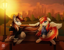 Size: 1600x1250 | Tagged: safe, artist:xmfranz, oc, oc only, oc:felix gulfstream, oc:斑仔, earth pony, pegasus, pony, bench, brothers, city, cityscape, dusk, lantern, male, park, siblings, sitting