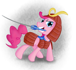 Size: 1177x1080 | Tagged: safe, artist:nuclearsuplexattack, pinkie pie, earth pony, pony, g4, armor, cutie mark on weapon, female, gritted teeth, helmet, katana, looking at you, mare, mouth hold, samurai, serious, simple background, solo, standing, sword, transparent background, turned head, weapon