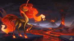 Size: 5333x3000 | Tagged: safe, artist:light262, daybreaker, princess celestia, oc, oc only, oc:aqasha, alicorn, pony, g4, absurd file size, alicorn oc, burning, concave belly, destruction, epic, ethereal mane, female, fire, frown, glowing, glowing horn, high res, horn, infinite eclipse, lava, magic, magic aura, mare, raised hoof, slender, smoke, solo, song art, thin, thin legs, volcano, wings, xk-class end-of-the-universe scenario, xk-class end-of-the-world scenario