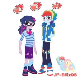 Size: 700x700 | Tagged: safe, artist:jf-blitz96, rainbow dash, sci-twi, twilight sparkle, equestria girls, g4, blushing, clothes, dusk shine, equestria guys, gay, glasses, male, rainbow blitz, rule 63, sci-dusk, ship:duskblitz, ship:twidash, shipping, shoes, sweater