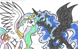 Size: 1681x1053 | Tagged: safe, artist:artistnjc, nightmare moon, princess celestia, alicorn, pony, g4, crossed horns, crying, determination, fight, good vs evil, gritted teeth, horn, horns are touching, looking at each other, narrowed eyes, raised hoof, spread wings, tears of sadness, wings