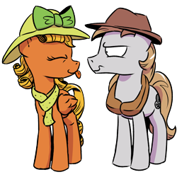 Size: 1200x1200 | Tagged: safe, artist:pony-berserker, oc, oc only, oc:longhaul, oc:southern comfort, pony, 2021 community collab, derpibooru community collaboration, bow, clothes, hat, horse collar, scarf, simple background, tongue out, transparent background, unamused