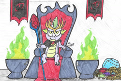 Size: 1553x1043 | Tagged: safe, artist:artistnjc, spike, dragon, g4, gauntlet of fire, bad end, bloodstone scepter, crown, dragon lord spike, evil smirk, evil spike, fire, gem, gold, green fire, jewelry, regalia, solo, throne, turned evil