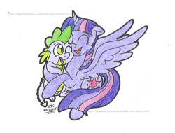 Size: 1473x1119 | Tagged: safe, artist:artistnjc, spike, twilight sparkle, alicorn, dragon, pony, g4, big sister twilight, eyes closed, friendship, hug, nuzzling, one eye closed, open mouth, smiling, spread wings, twilight sparkle (alicorn), wings