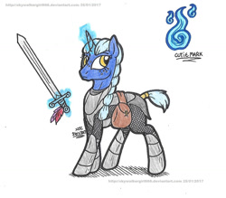 Size: 1359x1189 | Tagged: safe, artist:artistnjc, oc, oc only, oc:lady willow wisp, pony, unicorn, armor, bag, braid, cutie mark, dungeons and dragons, levitation, magic, magic aura, ogres and oubliettes, saddle bag, solo, sword, telekinesis, weapon