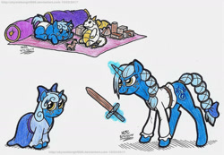 Size: 1524x1057 | Tagged: safe, artist:artistnjc, oc, oc only, oc:lady willow wisp, pony, unicorn, braided tail, determined look, dungeons and dragons, female, filly, foal, levitation, magic, ogres and oubliettes, plushie, solo, teenager, telekinesis, toy, wooden sword